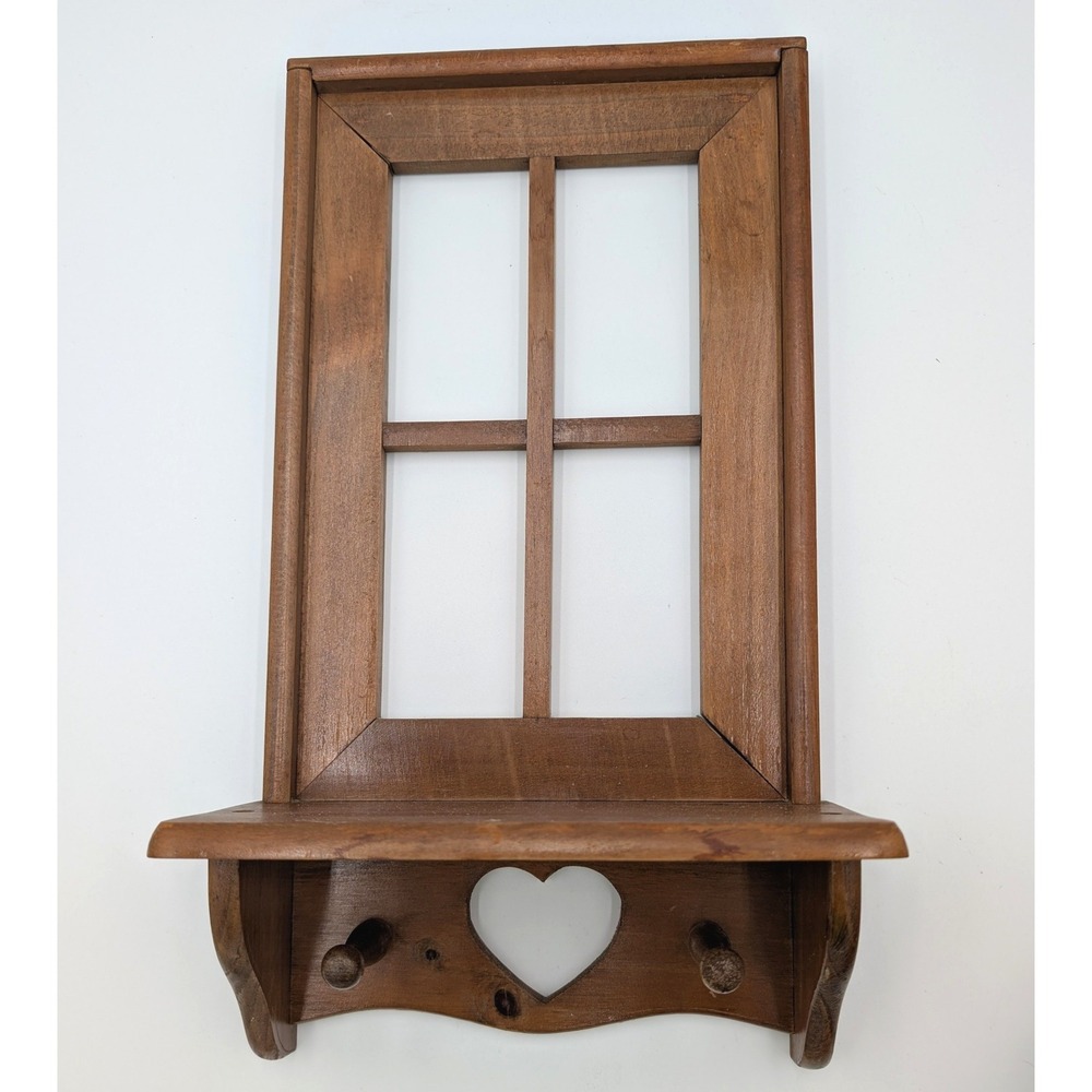 Wood Window Pane Wall Shelf Heart Cutout 2 Peg Hooks Country Cottage Decor